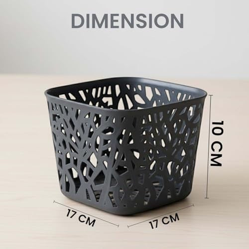 GoHooked dark gray plastic storage basket with a decorative cutout pattern, 17x17x10 CM.