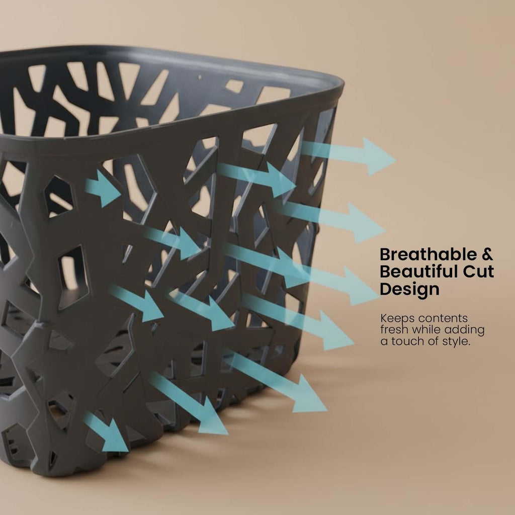 Go Hooked dark gray plastic storage basket with a decorative geometric cut-out design, 17x17x10 CM.