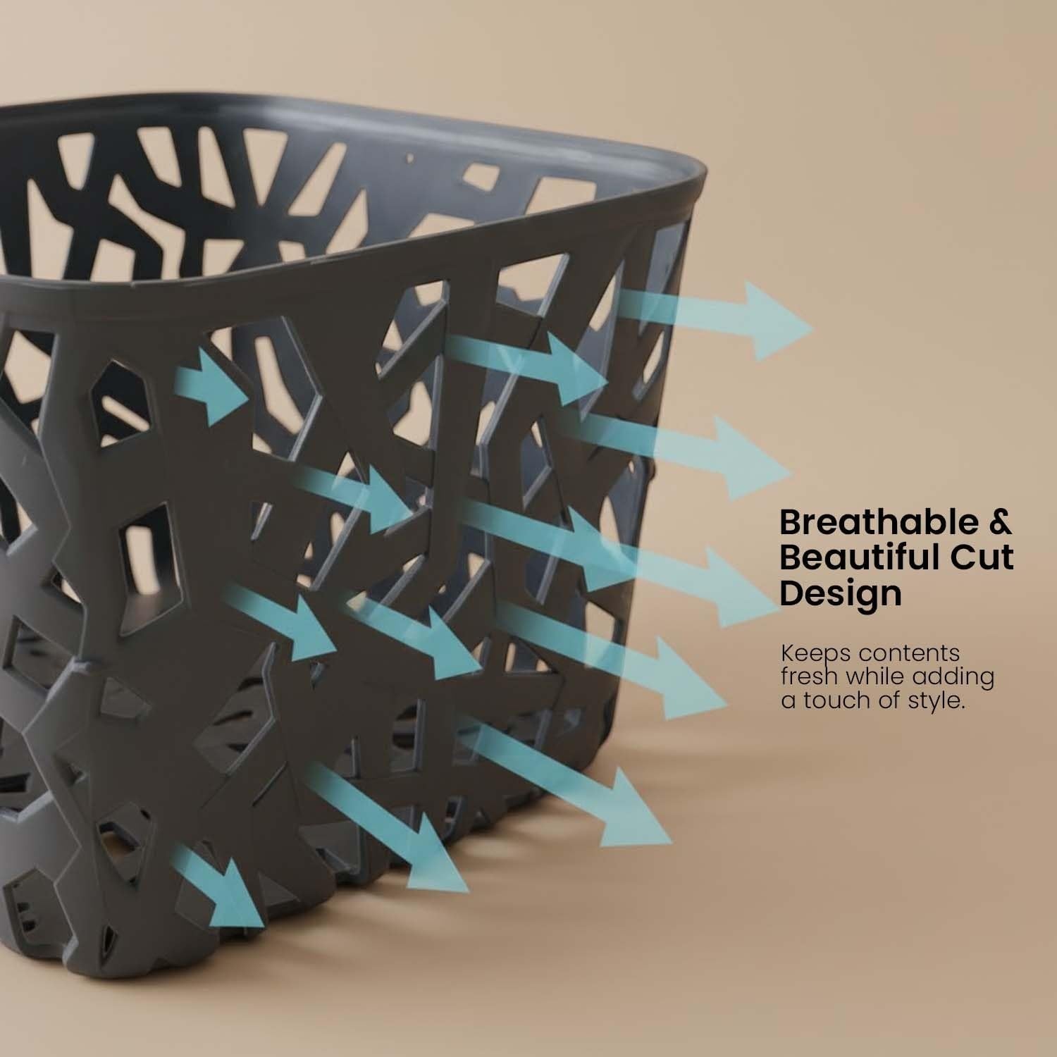 Go Hooked dark gray plastic storage basket with a decorative geometric cut-out design, 17x17x10 CM.