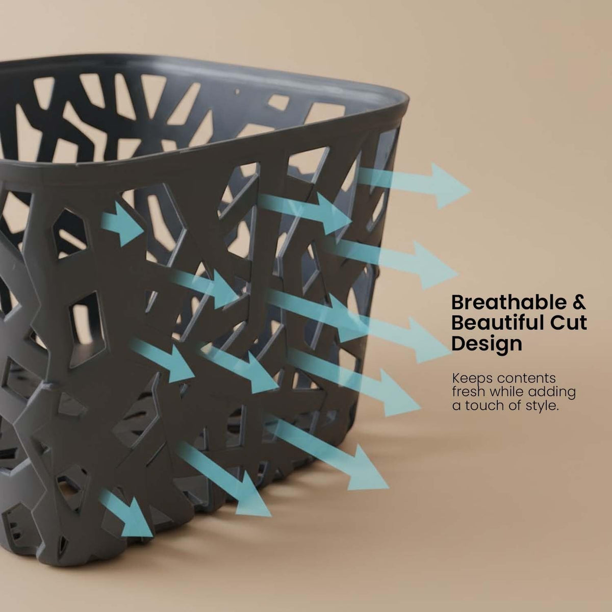 GoHooked dark grey plastic storage basket with a breathable, beautiful cut design for home or office organization.