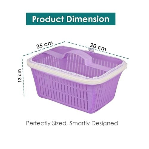 Go Hooked multipurpose plastic storage basket in lavender with a zip net cover and handles. Dimensions shown: 35cm x 20cm x 13cm.
