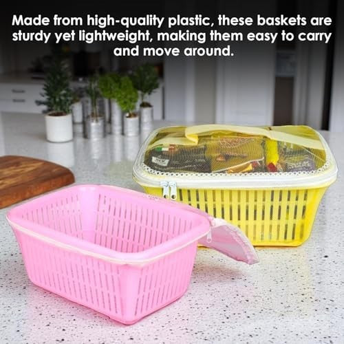 GoHooked pink and yellow multipurpose plastic storage baskets with zip net covers. Ideal for fruits, vegetables, or gifts.