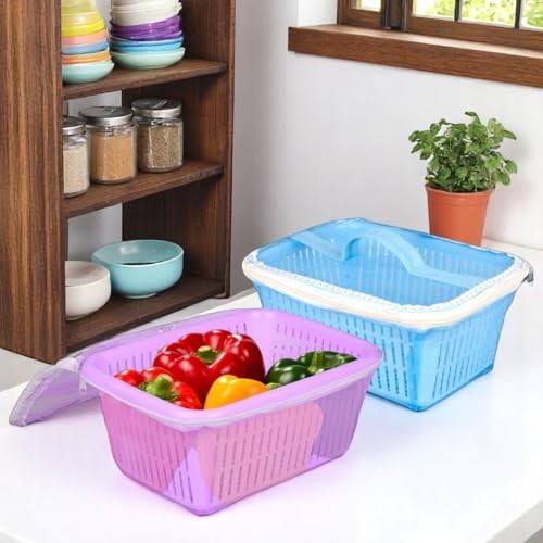 GoHooked multipurpose plastic storage baskets with zip net covers, one purple and one blue, holding fresh vegetables.