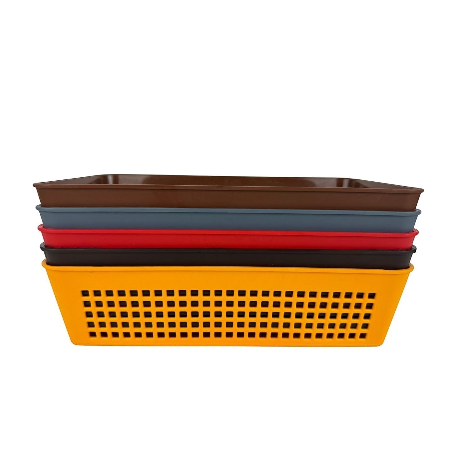 Go Hooked set of 5 multipurpose plastic storage baskets in brown, blue, red, black, and yellow with perforated sides.