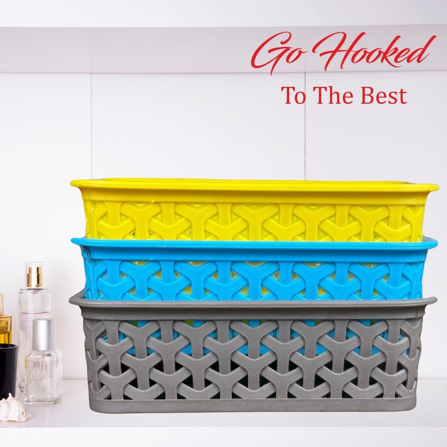 GoHooked set of 3 multicolor plastic storage baskets with woven design. Yellow, blue, and gray.