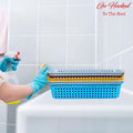 Go Hooked stackable plastic storage baskets in blue, yellow, and grey for bathroom organization. Pack of 4.