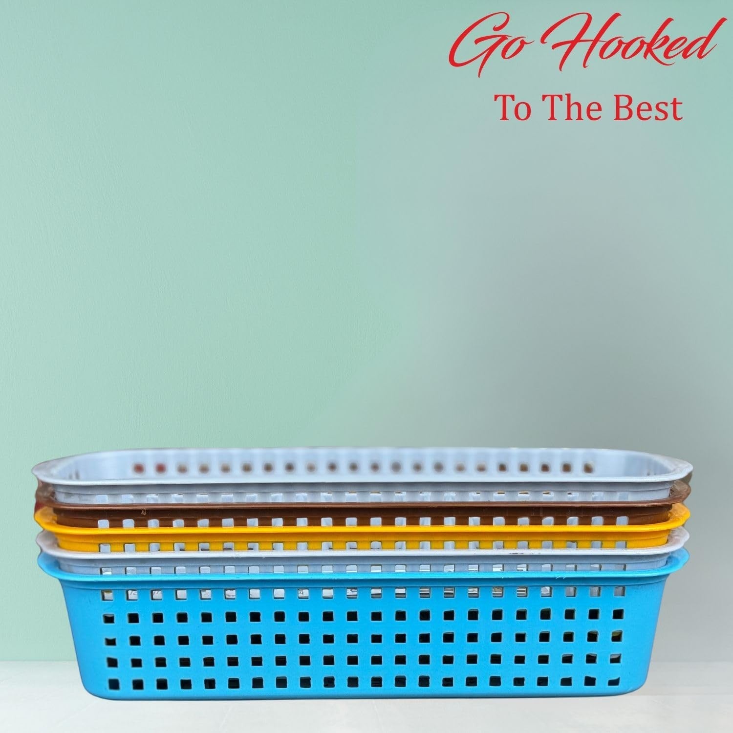 Go Hooked stackable plastic storage baskets in blue, white, yellow, and brown with perforated sides for bathroom organization.