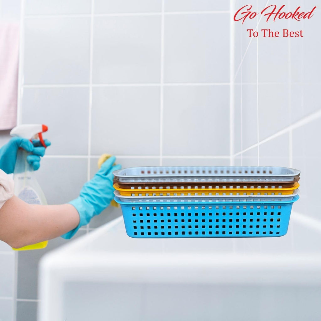 Go Hooked stackable plastic storage baskets in blue, yellow, and grey for bathroom organization. Pack of 5.