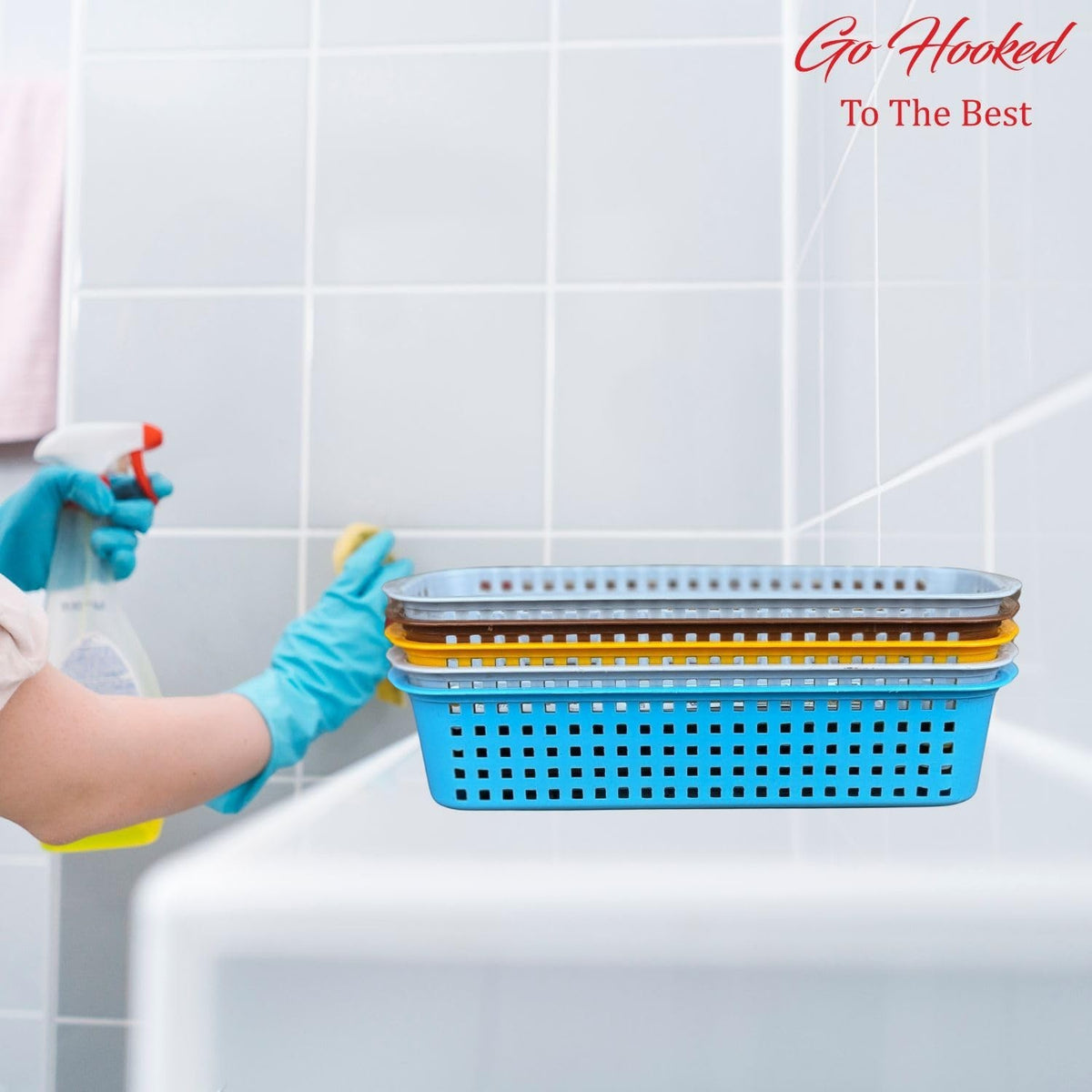 Go Hooked stackable plastic storage baskets in blue, yellow, and grey for bathroom organization. Pack of 5.