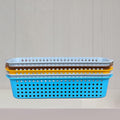 Go Hooked plastic storage baskets in blue, yellow, brown, and white. Pack of 5, ideal for bathroom organization.