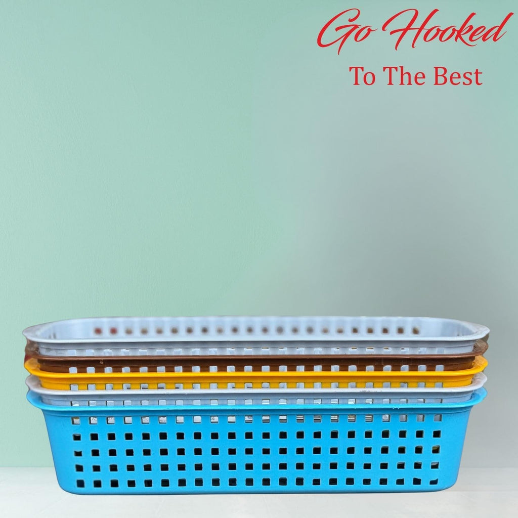 Go Hooked stackable plastic storage baskets in blue, light blue, yellow, and brown. Perfect for bathroom organization.
