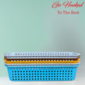 Go Hooked stackable plastic storage baskets in blue, light blue, yellow, and brown. Perfect for bathroom organization.