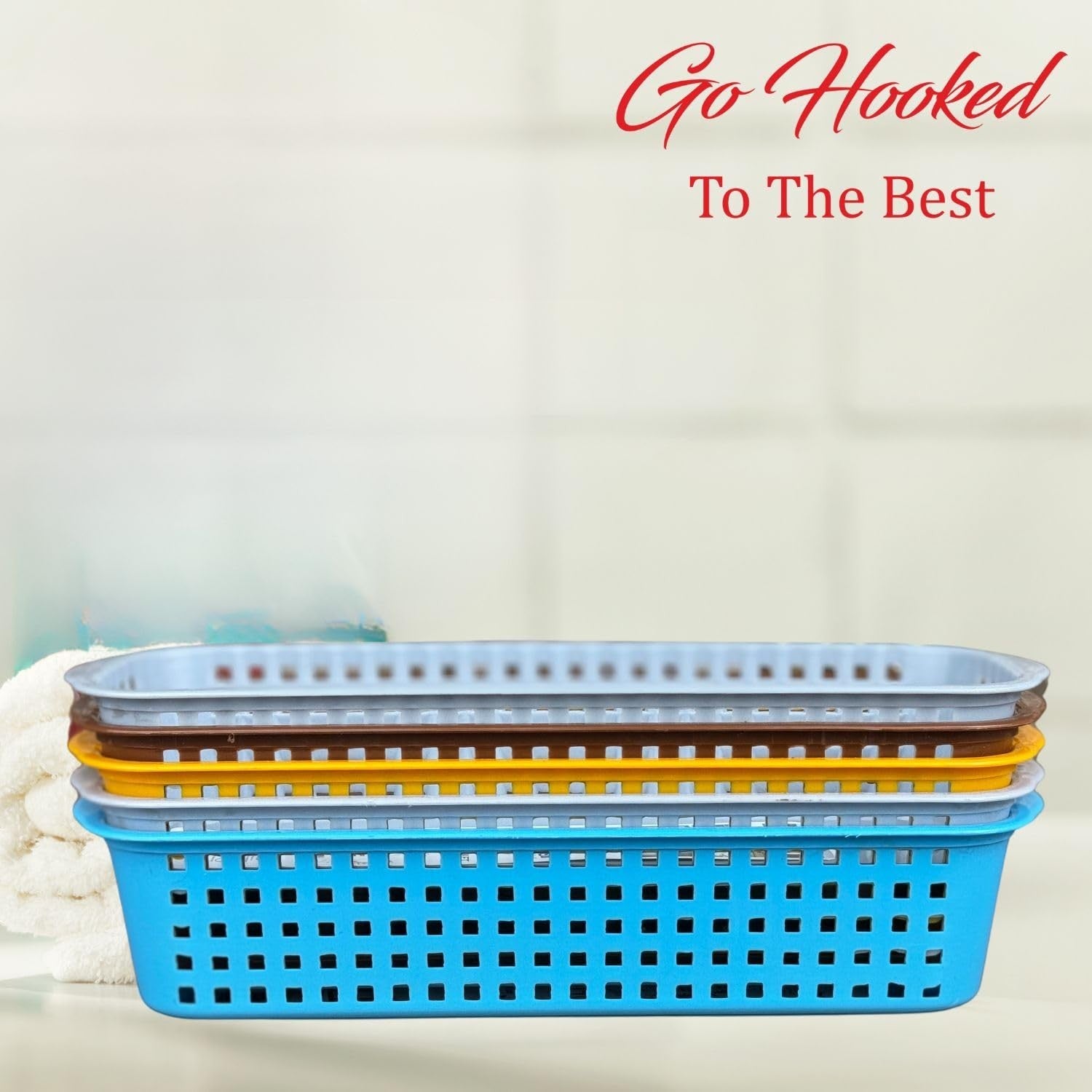GoHooked set of 4 multicolour plastic storage baskets with perforated sides, ideal for bathroom organization.