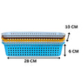GoHooked multicolour plastic storage baskets, pack of 5, with dimensions 28cm x 10cm x 6cm, ideal for bathroom organization.