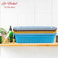 GoHooked multicolour plastic storage baskets, pack of 5, with perforated sides and open tops for bathroom organization.