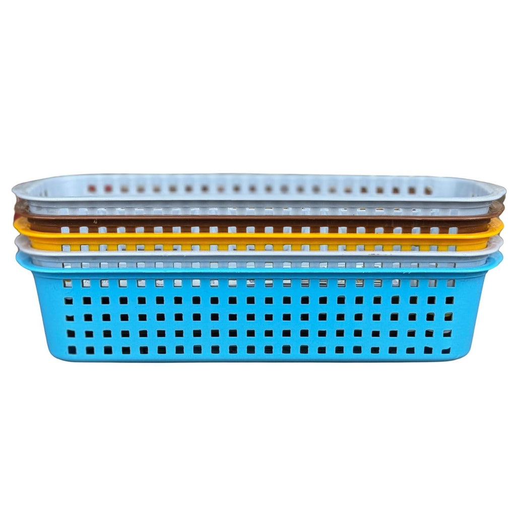 GoHooked pack of 5 multicolour plastic storage baskets with perforated sides and rims. Stacked for display.