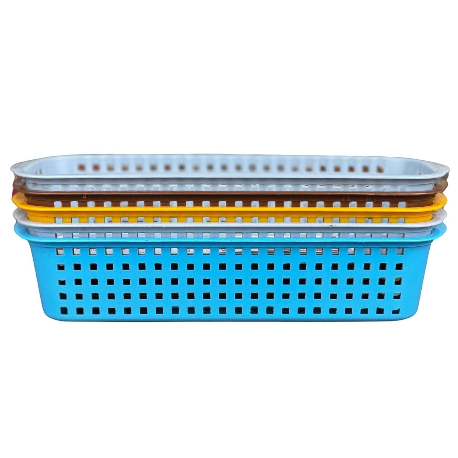 GoHooked pack of 5 multicolour plastic storage baskets with perforated sides and rims. Stacked for display.