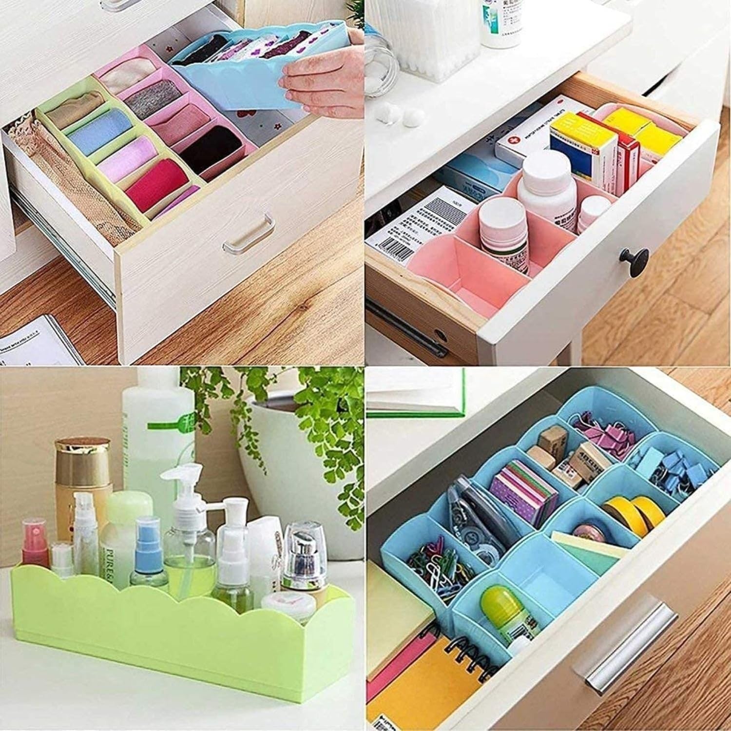 Go Hooked multicolour plastic 5-grid storage box organiser for socks, underwear, and small items. Space-saving design.