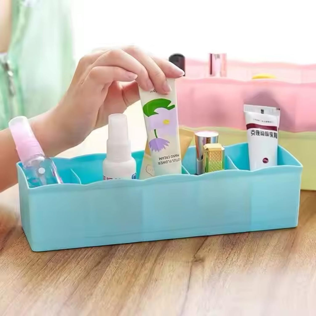 GoHooked multicolour plastic 5-grid storage box organiser for socks, underwear, and cosmetics. Space-saving and durable.