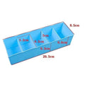 GoHooked blue plastic 5-grid drawer organizer for socks and underwear. Dimensions shown.