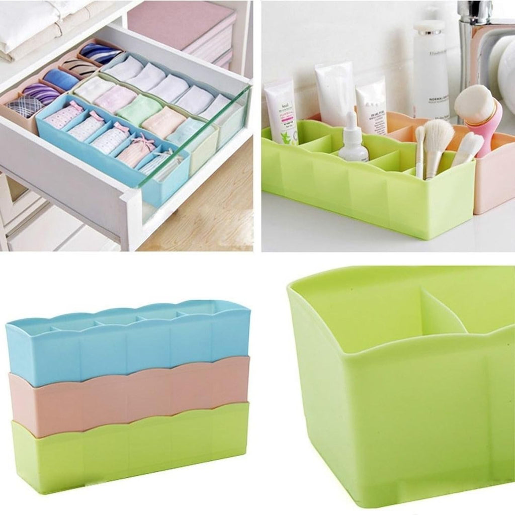 GoHooked multicolour plastic 5-grid storage boxes for socks, underwear, and cosmetics. Space-saving and durable.