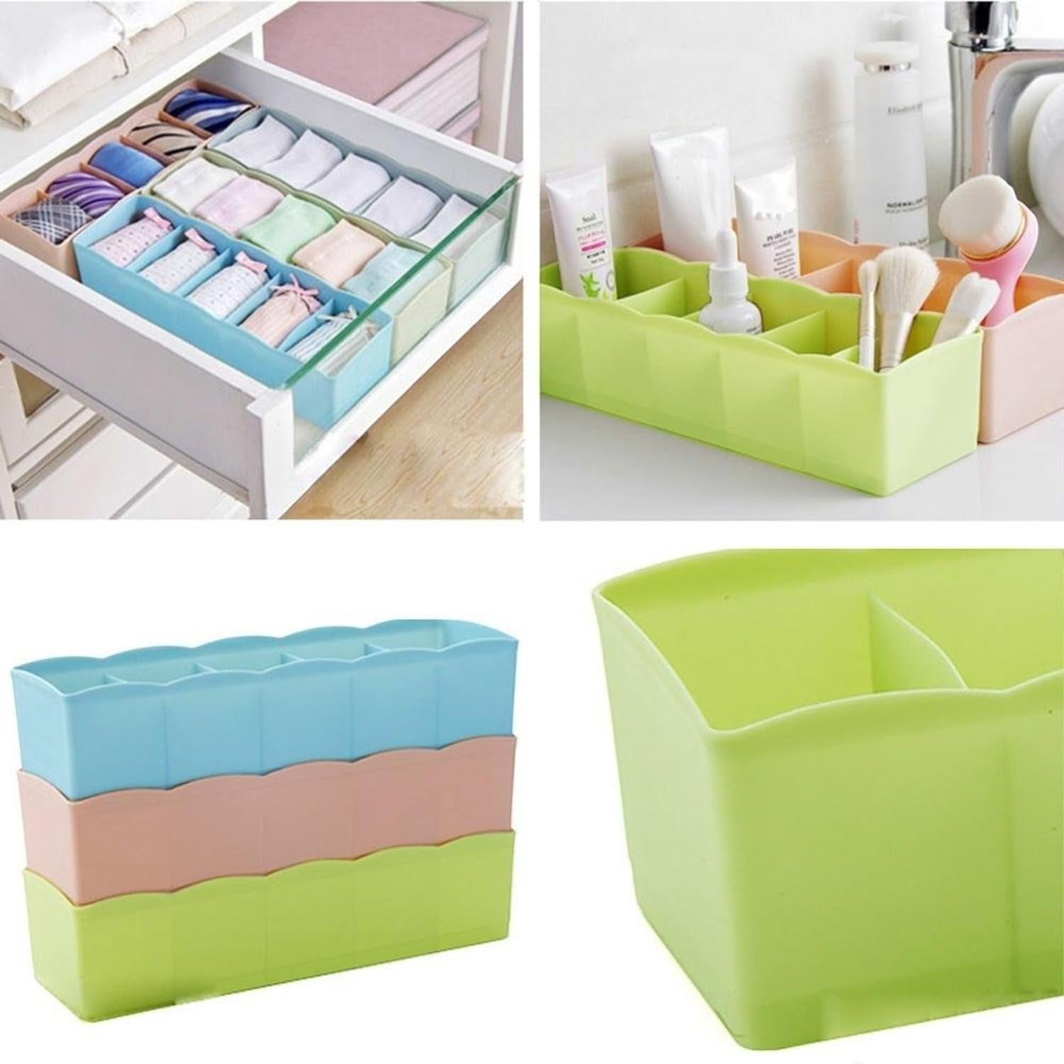 GoHooked multicolour plastic 5-grid storage boxes for socks, underwear, and cosmetics. Space-saving and durable.