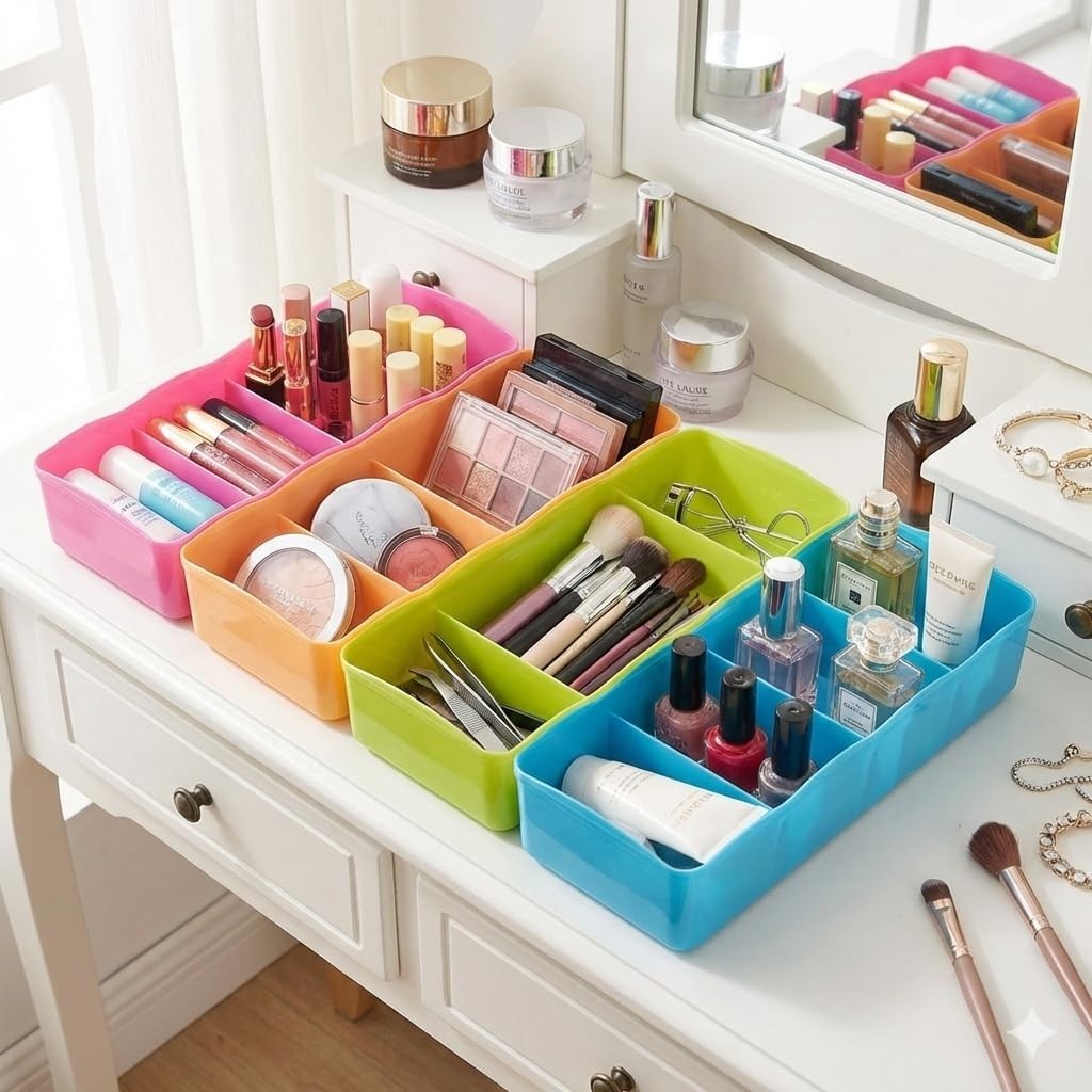 Go Hooked multicolour plastic 5-grid storage box organiser for makeup, nail polish, and brushes. Space-saving design.