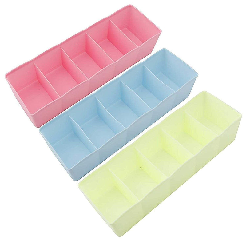 GoHooked set of 3 plastic drawer organizers in pink, blue, and yellow, each with 5 compartments for socks or underwear.