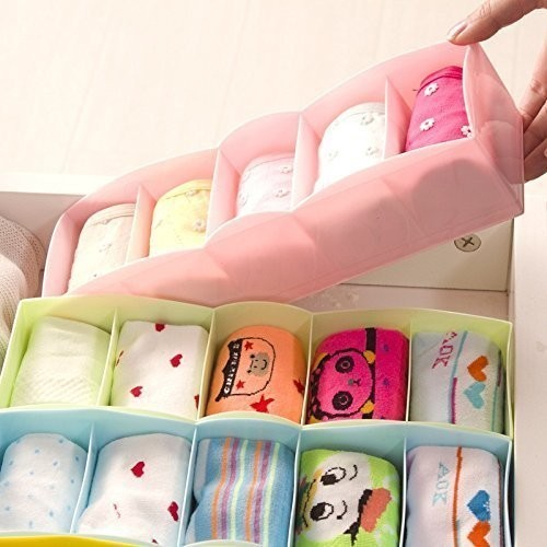 GoHooked set of 4 multicolor plastic drawer organizers filled with socks and underwear.