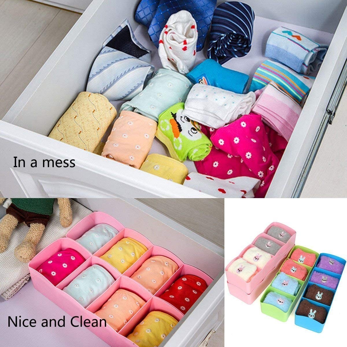 GoHooked multicolor plastic 5-grid drawer organizer box set of 4, perfect for socks and underwear.