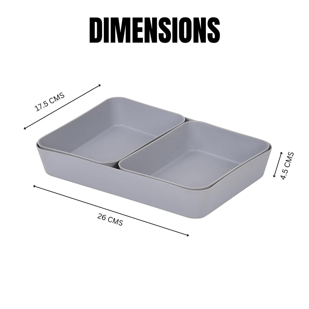 GoHooked set of 3 dark grey plastic storage trays, multipurpose organizers for kitchen, office, makeup, and stationery.