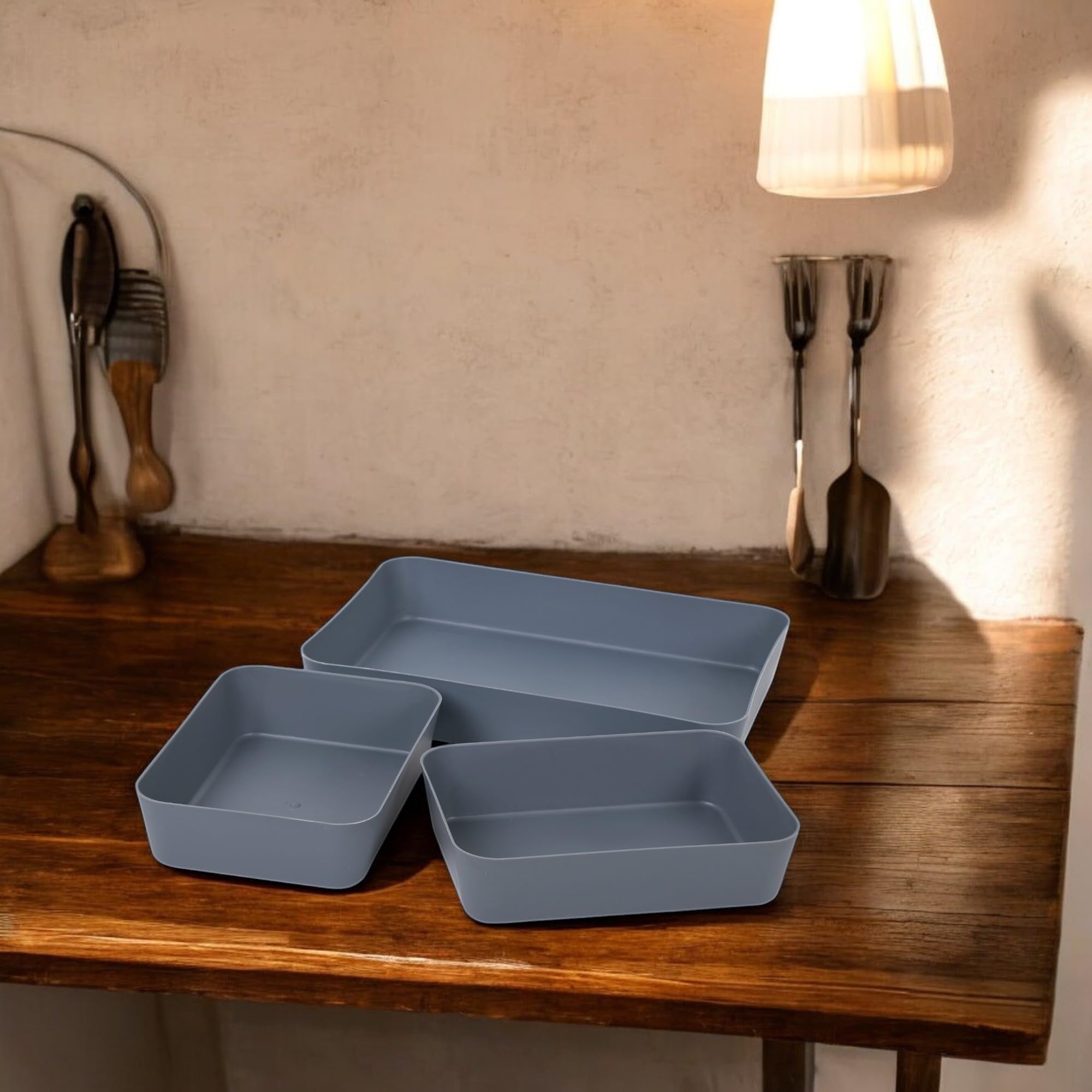 GoHooked set of 3 dark grey plastic storage trays for kitchen, office, makeup, and stationery. Durable and easy to clean.