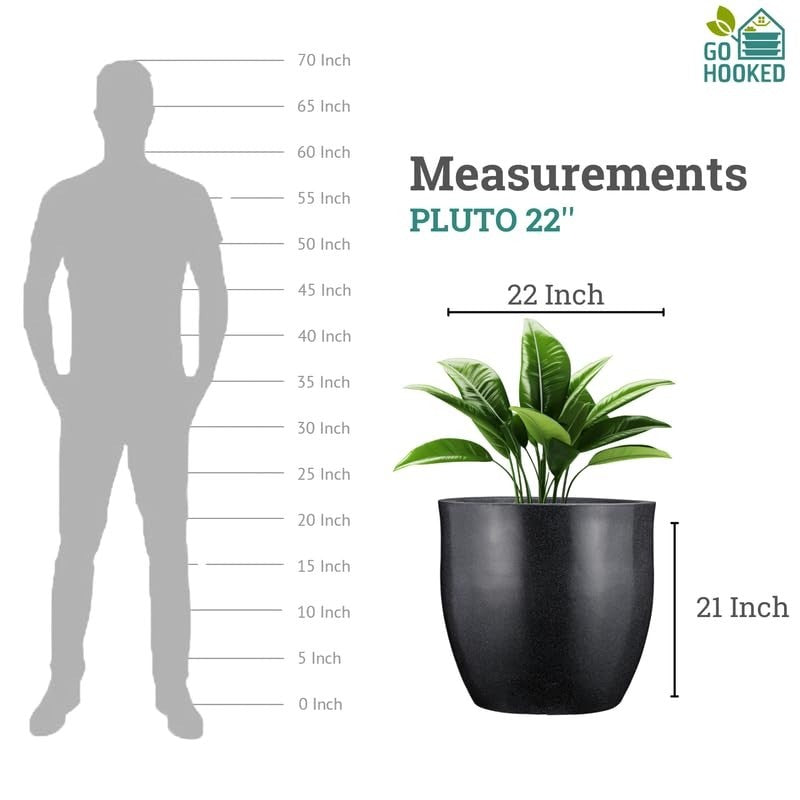 GoHooked Pluto 22-inch black polymer planter pot with a modern round design and drainage hole.