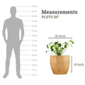 GoHooked Pluto 20-inch brown polymer planter pot with a modern round design and drainage hole. Shown next to a silhouette for scale.