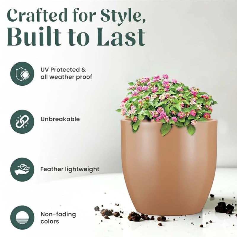 GoHooked Pluto 15-inch brown polymer planter pot with pink flowers. Lightweight, unbreakable, UV protected.