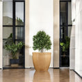 GoHooked Pluto 20-inch brown polymer planter pot with a modern round design holding a green plant.