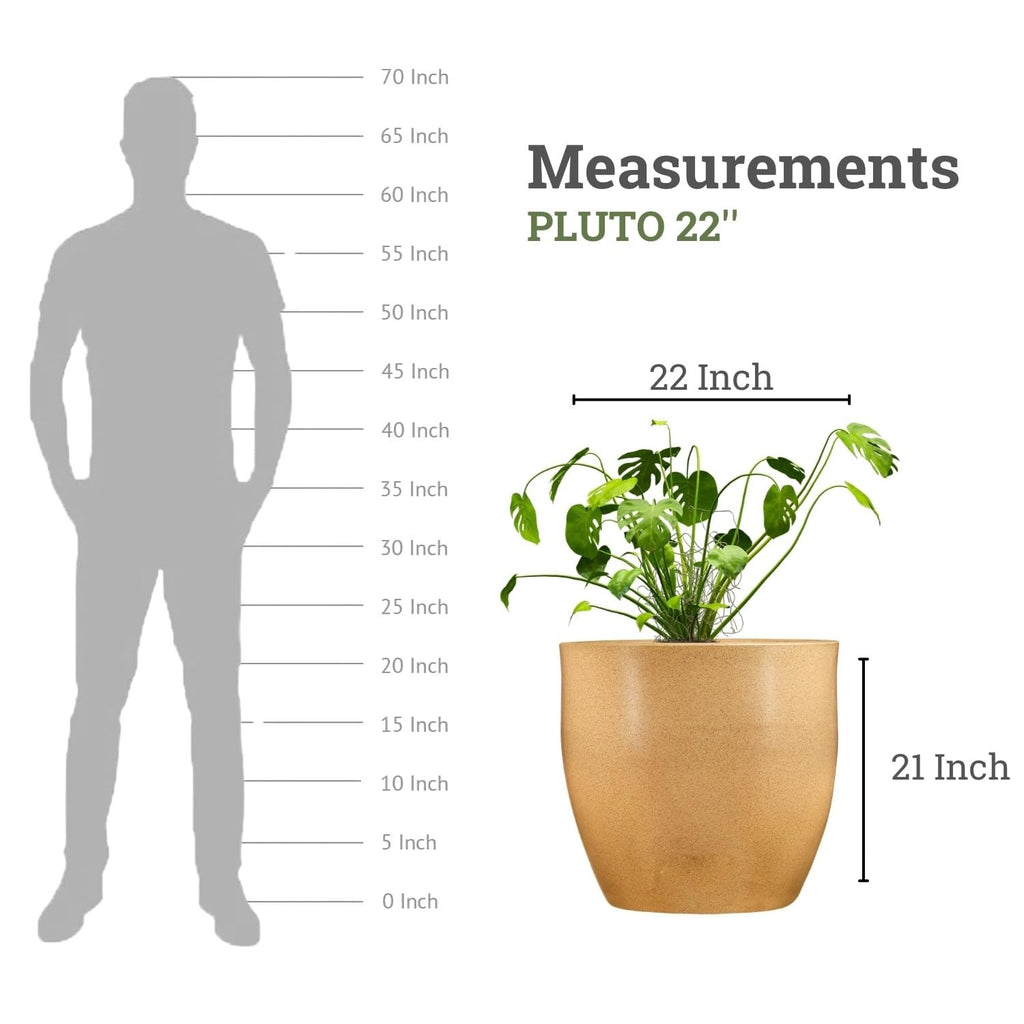 GoHooked Pluto 22-inch round brown polymer planter pot with a plant. Lightweight and modern design.