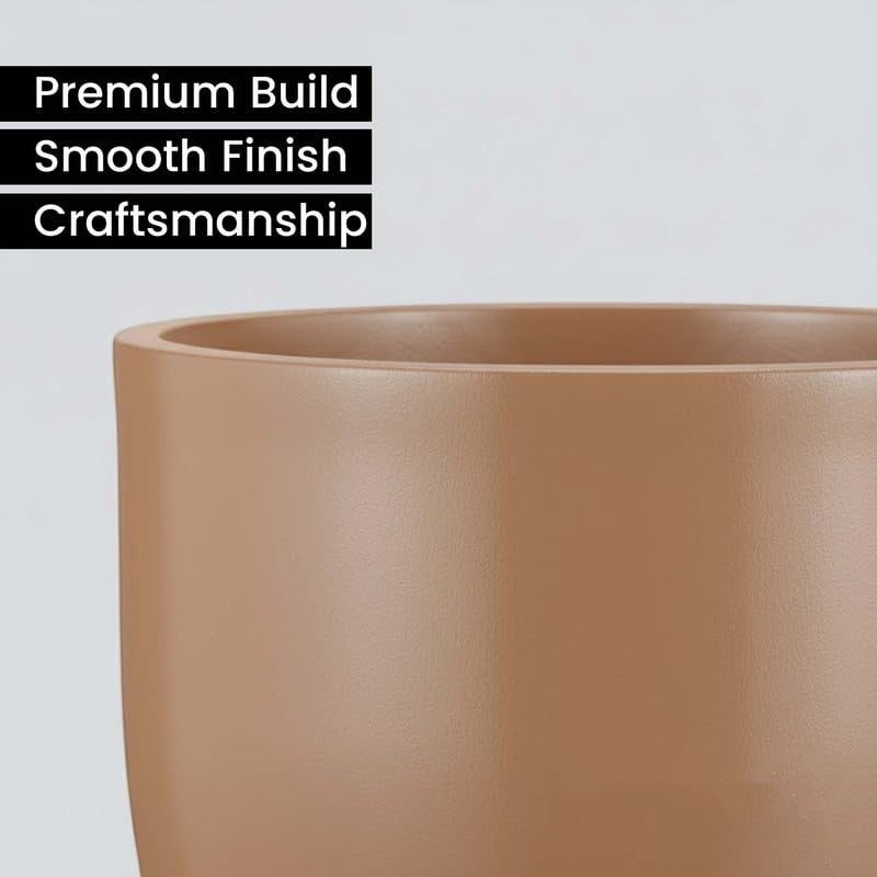 GoHooked Pluto 15-inch brown polymer planter pot with a smooth, modern finish. Lightweight and durable.