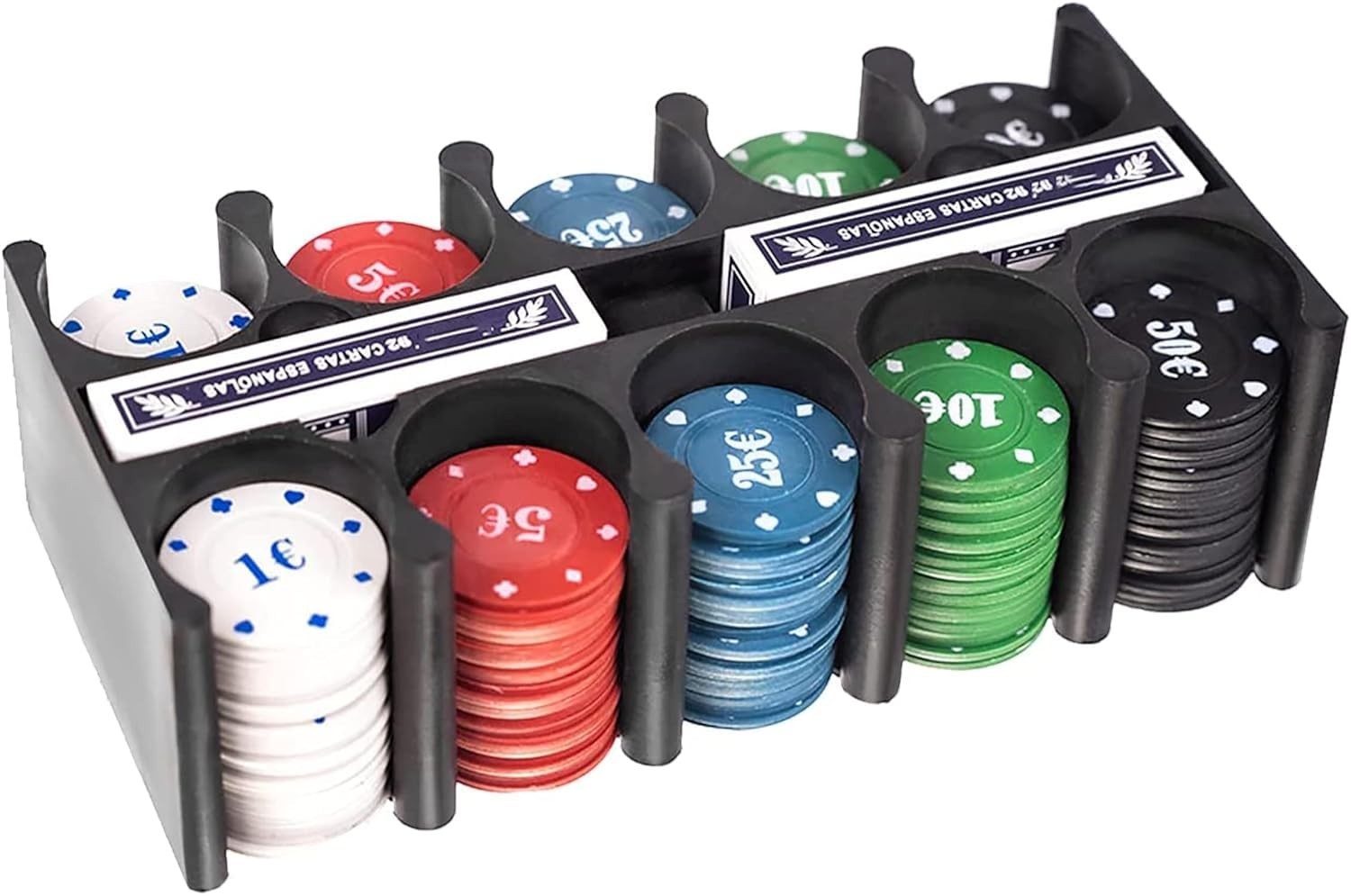 GoHooked multicolor poker chip set with 200 chips, 2 decks of cards, and buttons in a black organizer.
