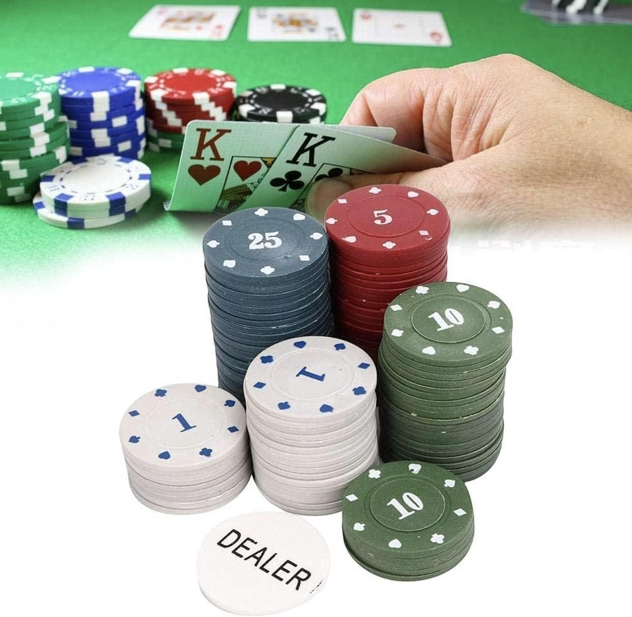 Go Hooked professional poker chip set with dual-toned gaming tokens in red, blue, green, and white, plus a dealer button.