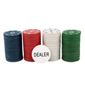 Go Hooked professional poker chip set with blue, red, white, and green chips and a dealer button.