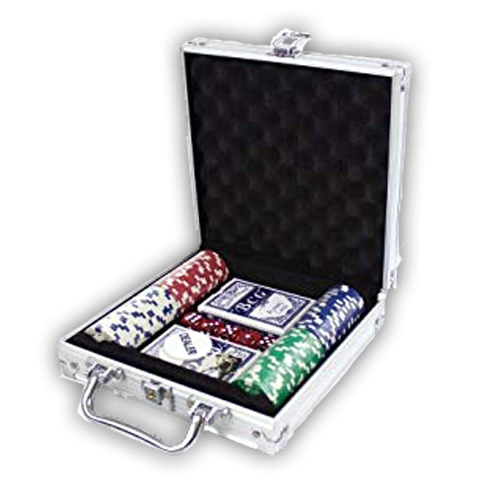 GoHooked poker chip set in a silver case with red, blue, and green chips, playing cards, and a dealer button.