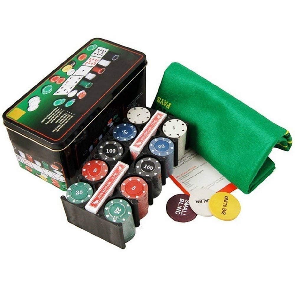 GoHooked poker chip set with metal tin, green felt mat, and assorted poker chips in denominations of 1, 5, 25, 50, and 100.