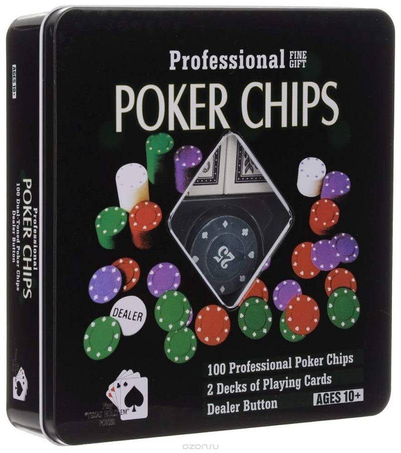 GoHooked Professional Poker Chips Casino Game Set with 100 multicolor metal chips, 2 decks of cards, and dealer button.