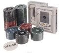 GoHooked 100 professional poker chips in multicolor metal, with playing cards and dealer button. Casino game set.