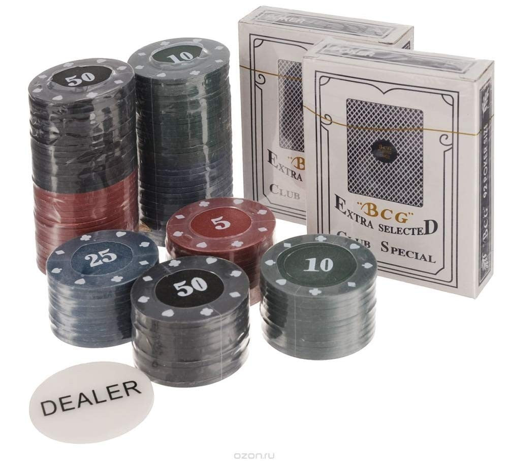 GoHooked 100 professional poker chips in multicolor metal, with playing cards and dealer button. Casino game set.