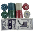 GoHooked 100 professional poker chips in multicolor metal with denominations 25€, 10€, 5€, 1€. Includes two decks of playing cards and a dealer button.
