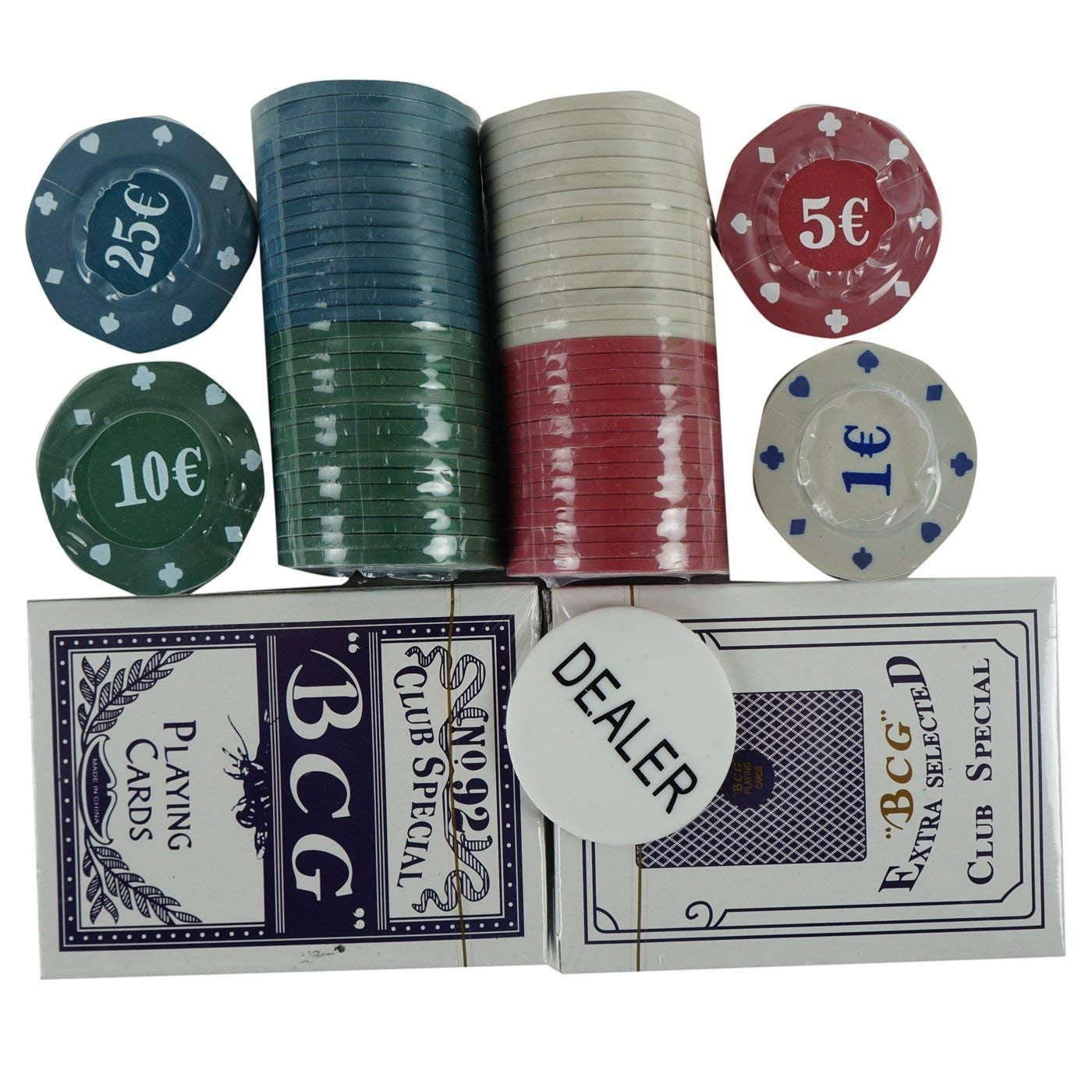 GoHooked 100 professional poker chips in multicolor metal with denominations 25€, 10€, 5€, 1€. Includes two decks of playing cards and a dealer button.