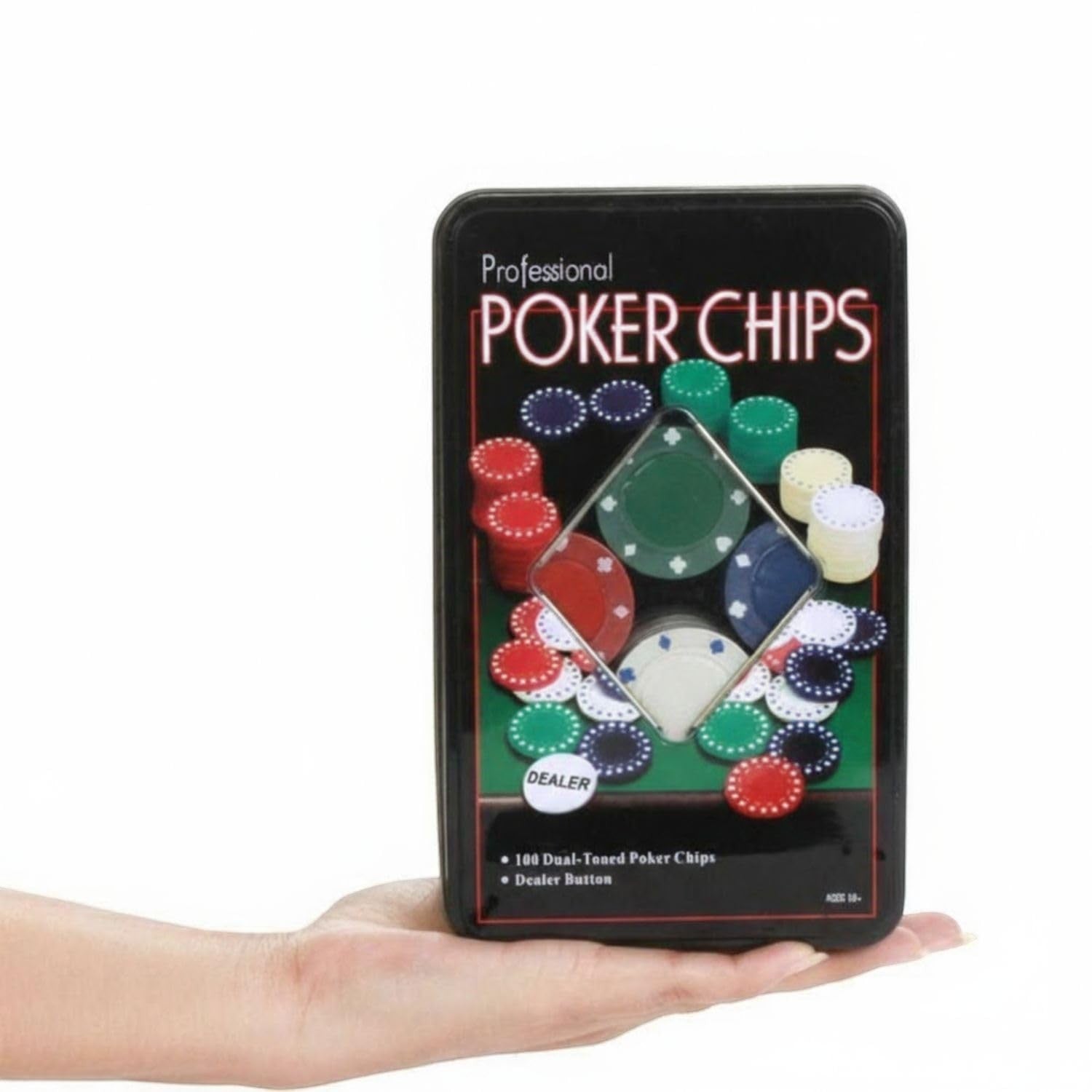 GoHooked Professional Poker Chips set in a metal case with 100 dual-toned chips and dealer button. Multicolor chips.