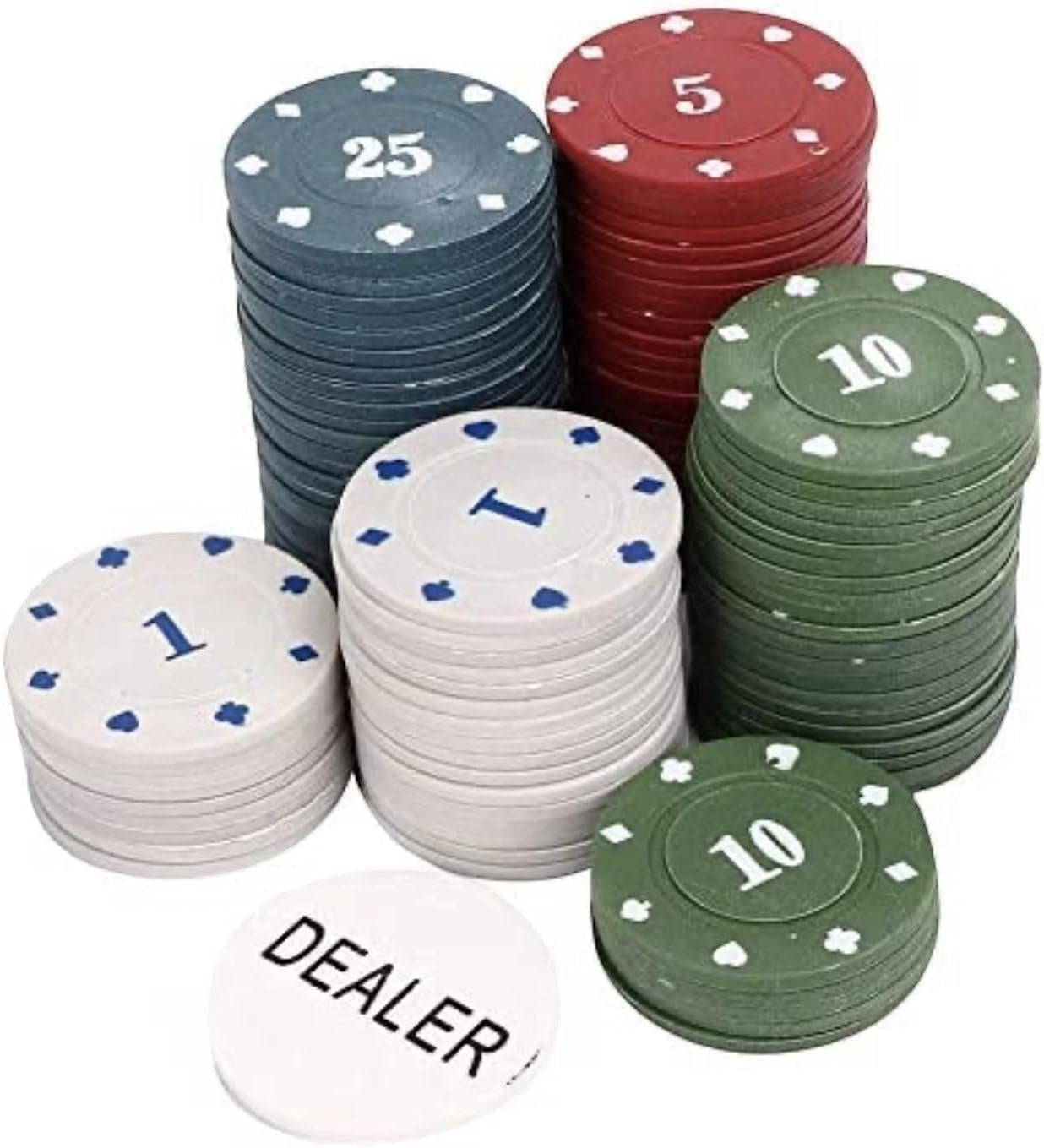 GoHooked multicolor poker chips set with values 1, 5, 10, 25 and a dealer chip. Made of plastic and metal.